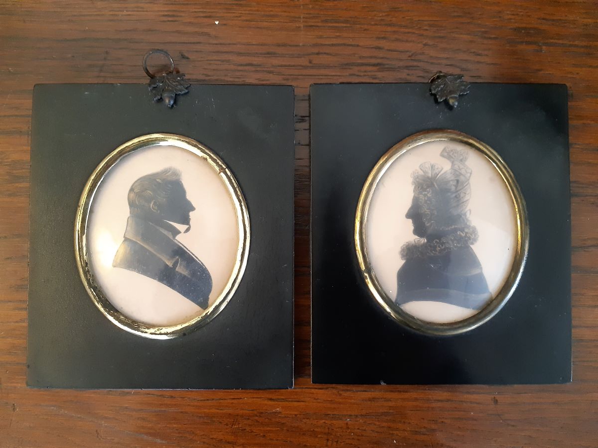 Pair 19th century painted silhouette Captain & Mrs Macleod